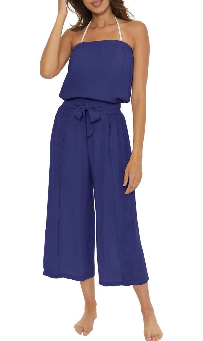 Becca Ponza Blue Strapless Cropped Wide Leg Beach Coverup Jumpsuit Size Large